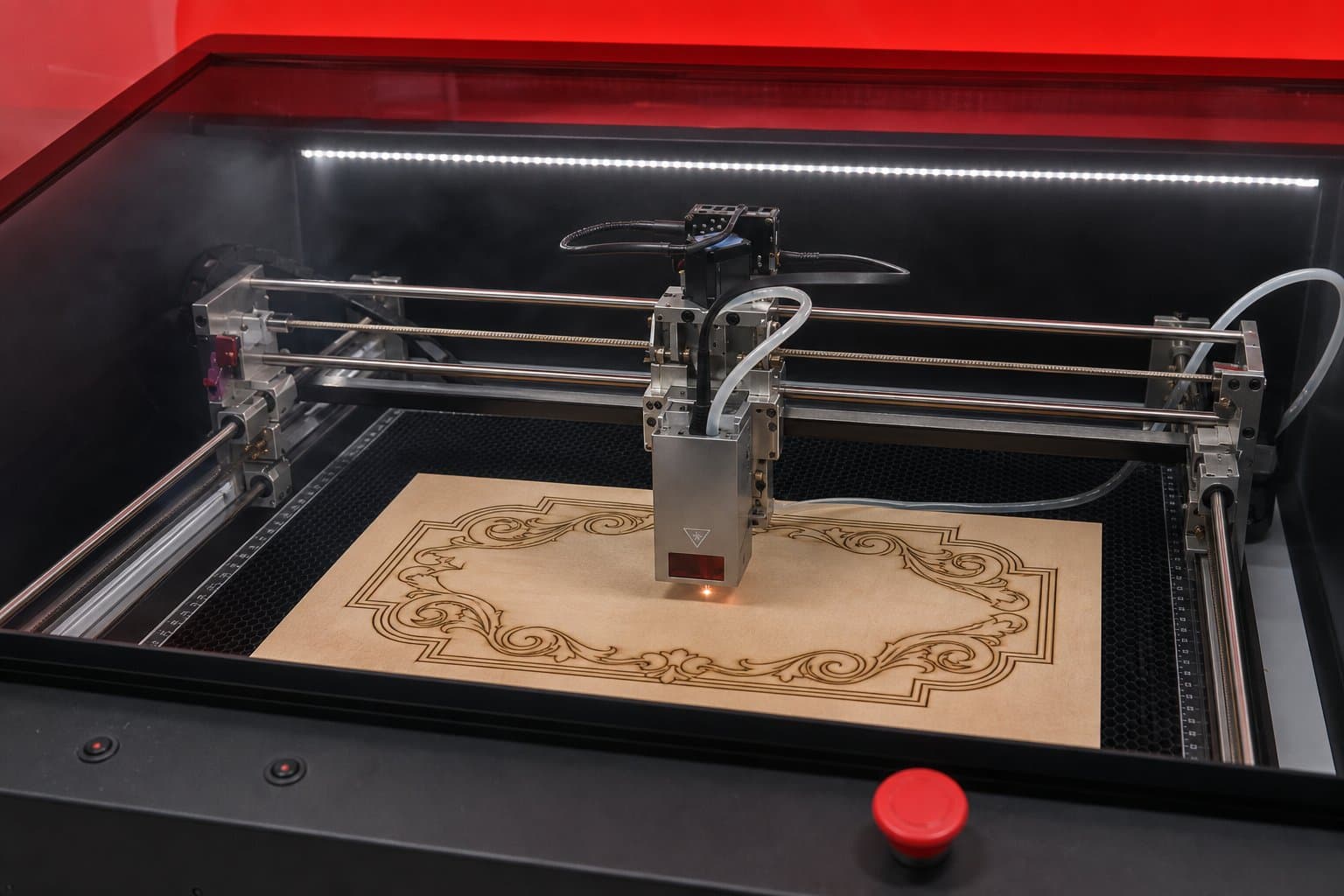 Product render: Laser Tree K30 engraving wood on the honeycomb bed.