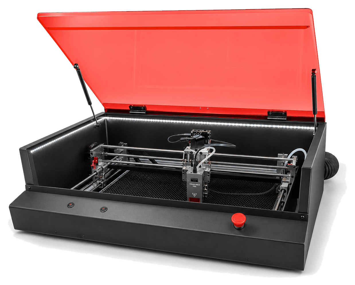 Product render of Magia Roja v3 with the red acrylic lid open, based on the real machine.
