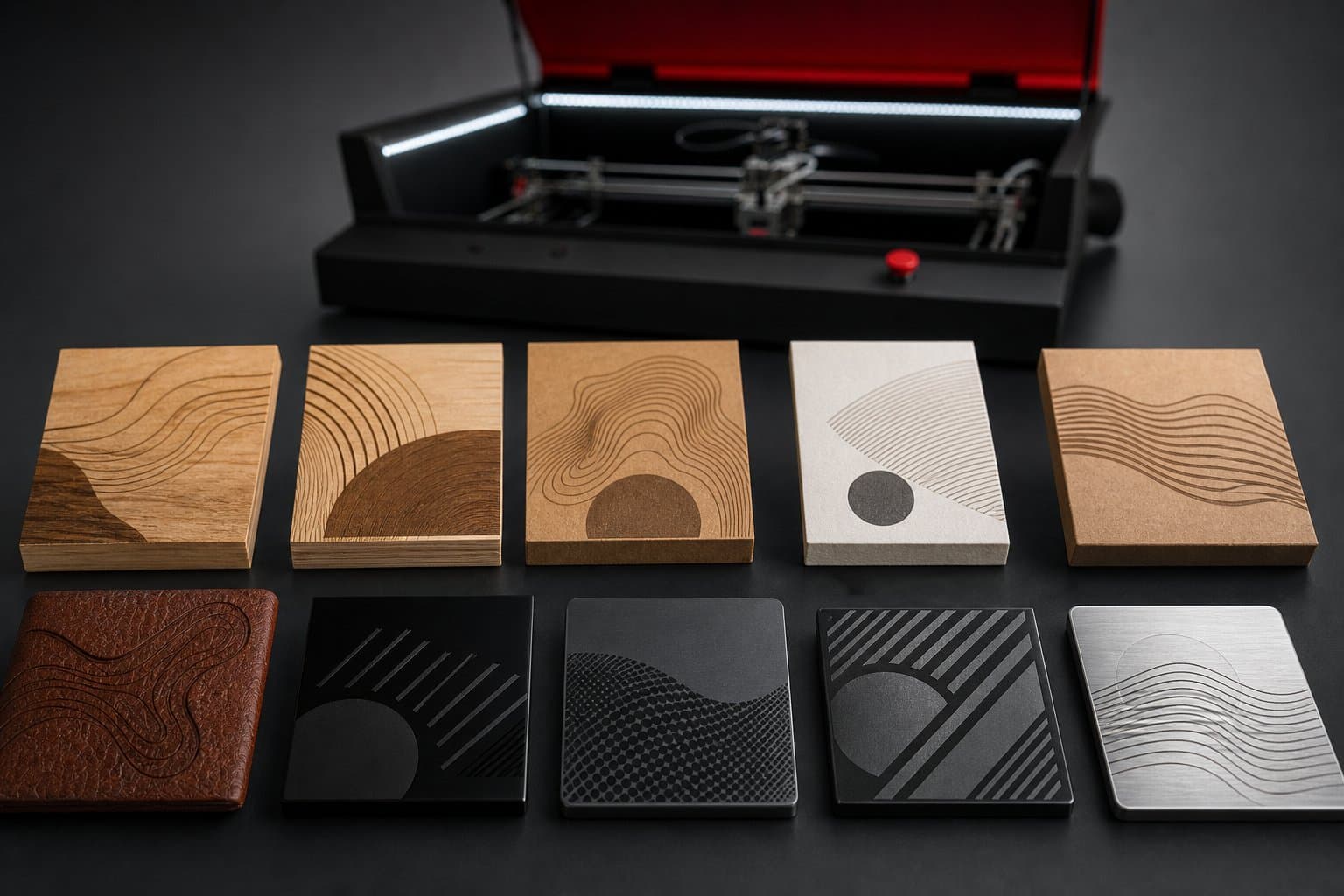 Product render of intended materials: wood, paper, leather, dark acrylic, and surface marking.