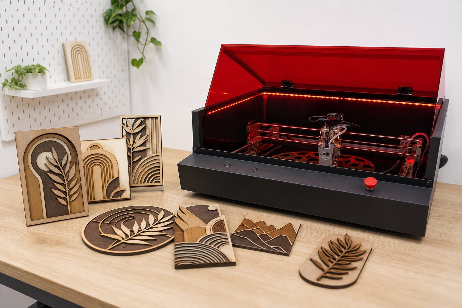Product render of layered wood mural pieces cut on the machine.
